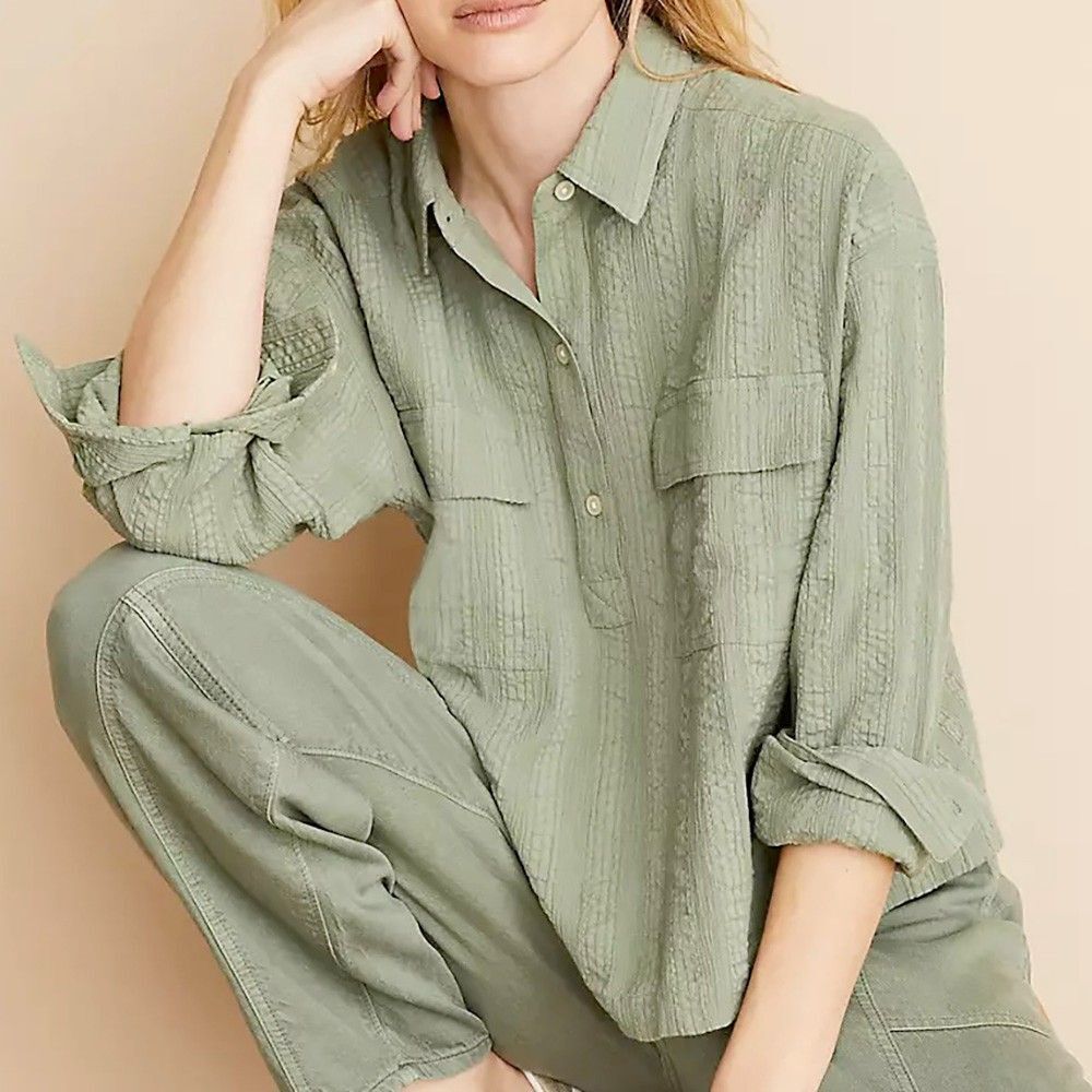 Lou & Grey Crinkle Henley Pocket Shirt Size S Weathered Willow Green Cotton NEW